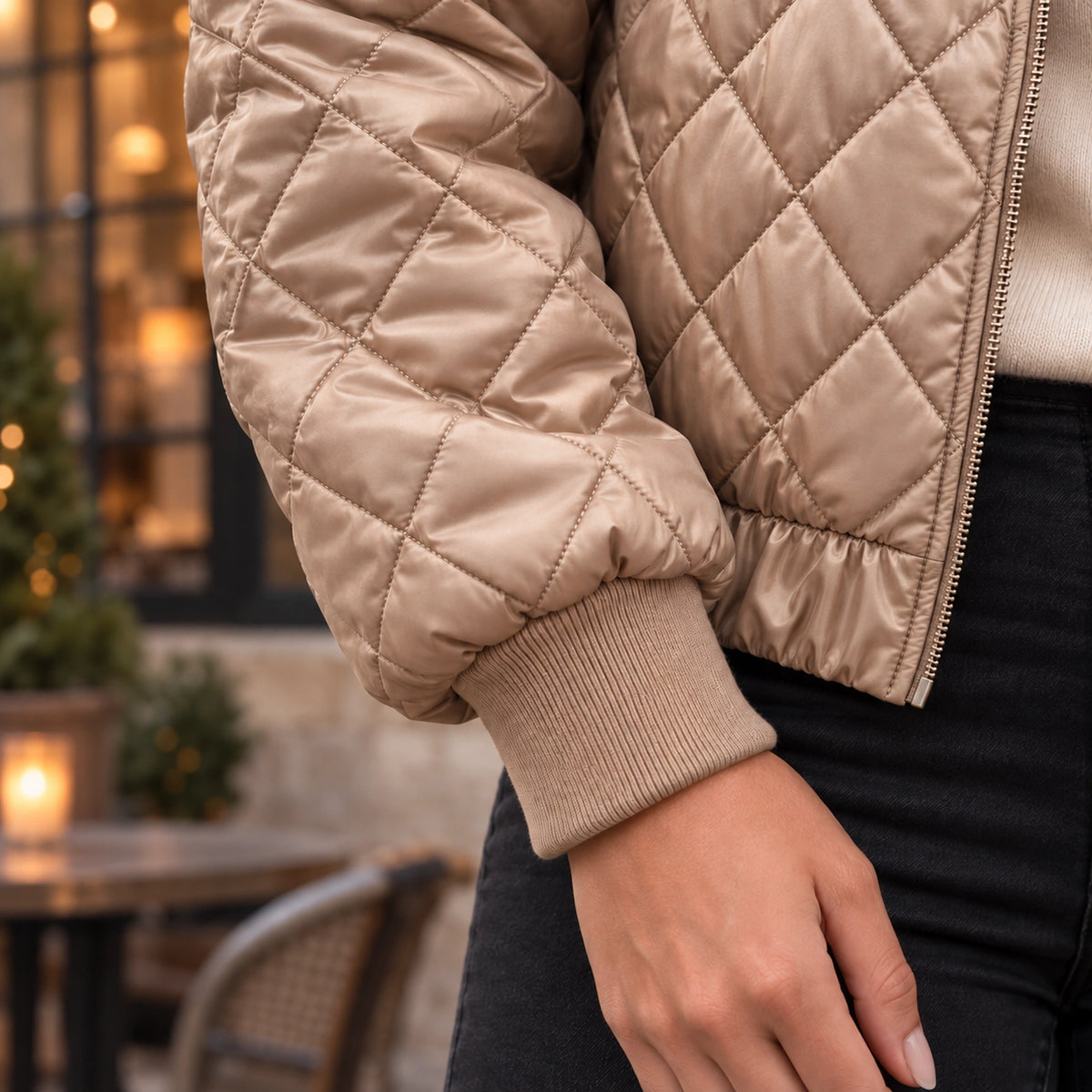 Women's Diamond Quilted Bomber Jacket — Marisa — Champagne Beige — close up of the rib cuff and sleeve — view 13
