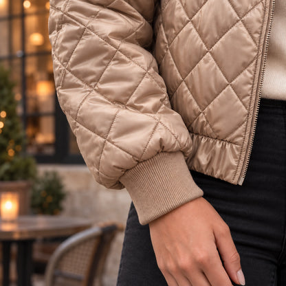 Women's Diamond Quilted Bomber Jacket — Marisa — Champagne Beige — close up of the rib cuff and sleeve — view 13