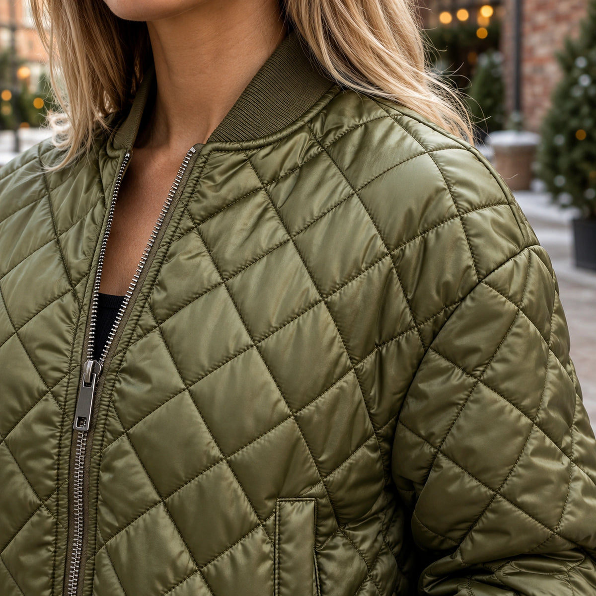 Women's Diamond Quilted Bomber Jacket — Marisa — Olive Green — close up of the shoulder and narrow rib collar — view 15