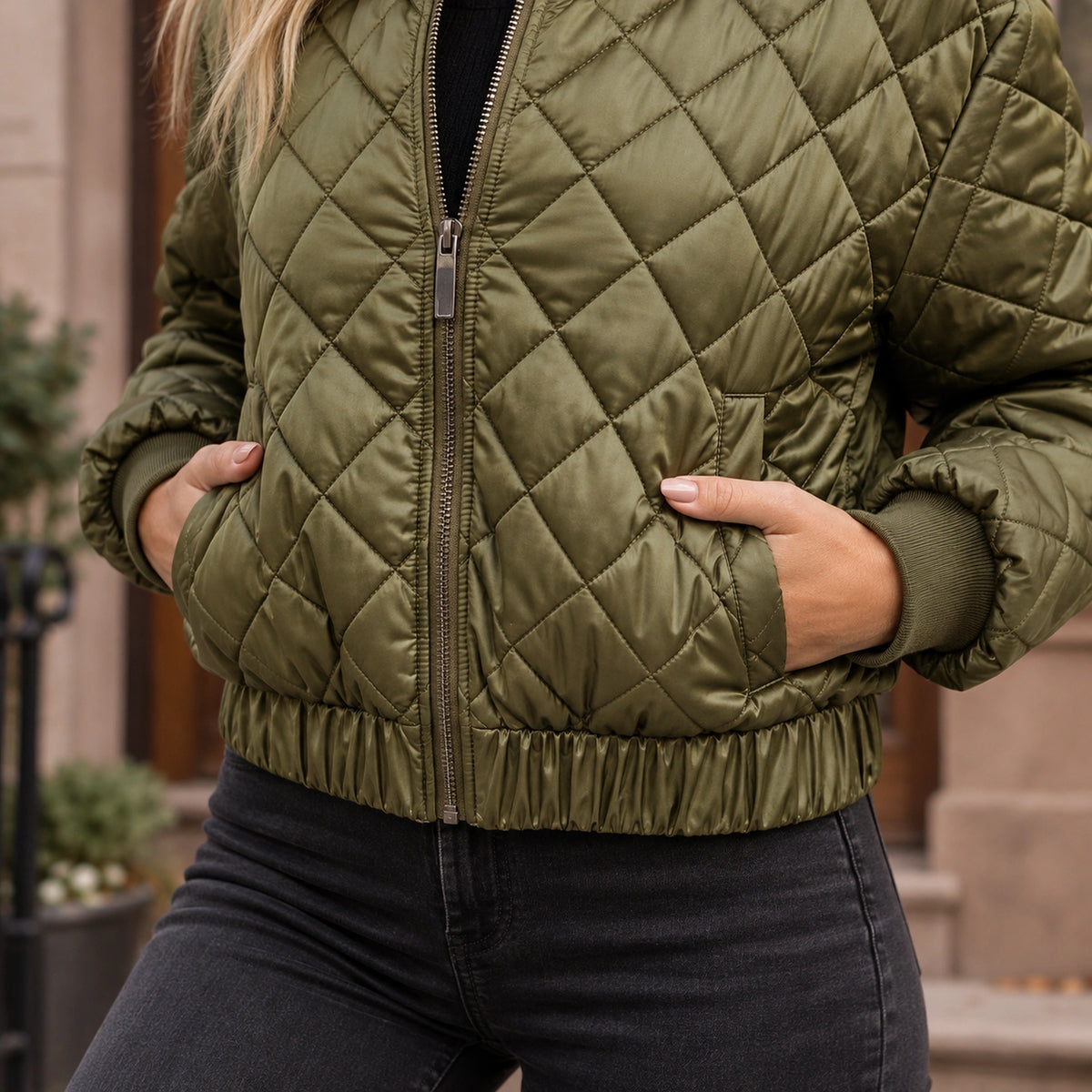 Women's Diamond Quilted Bomber Jacket — Marisa — Olive Green — close up of the gathered elastic hem beneath — view 16