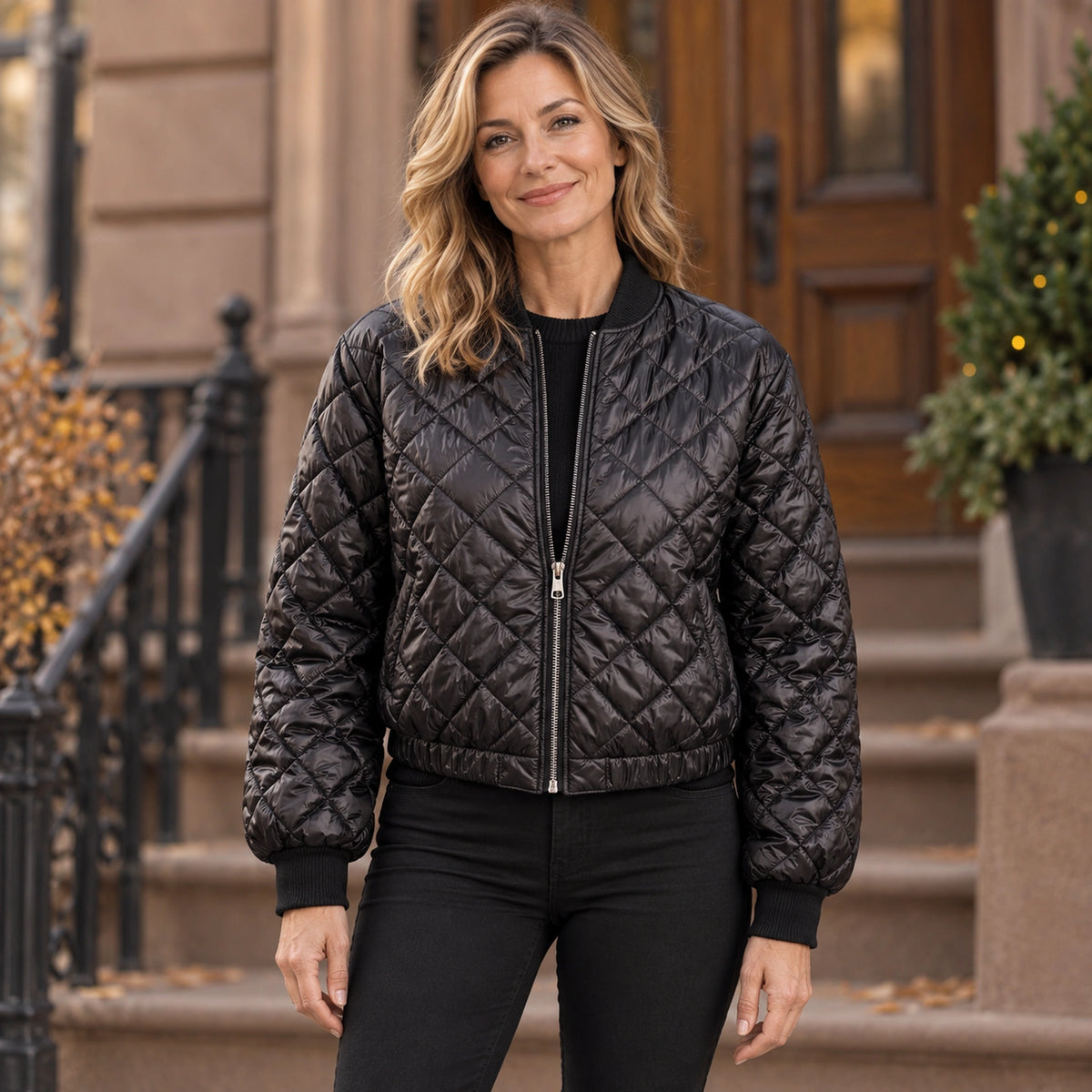 Women's Diamond Quilted Bomber Jacket — Marisa — Black — complete front view, product focused image — view 2
