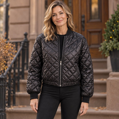 Women's Diamond Quilted Bomber Jacket — Marisa — Black — complete front view, product focused image — view 2