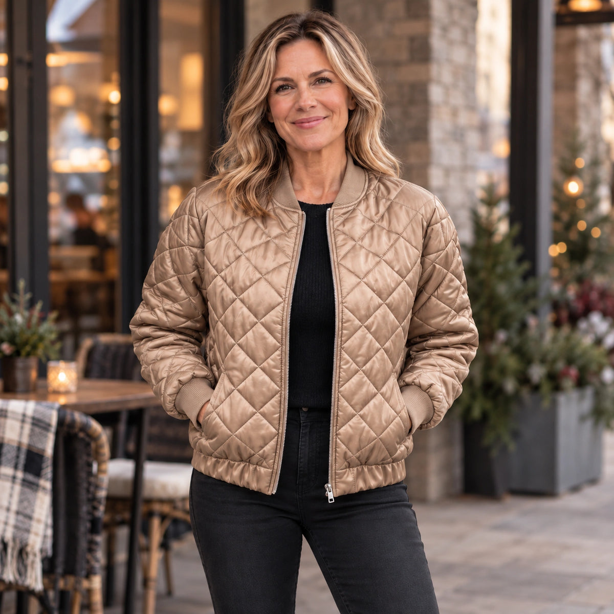 Women's Diamond Quilted Bomber Jacket — Marisa — Champagne Beige — straight complete front view on an older model — view 4