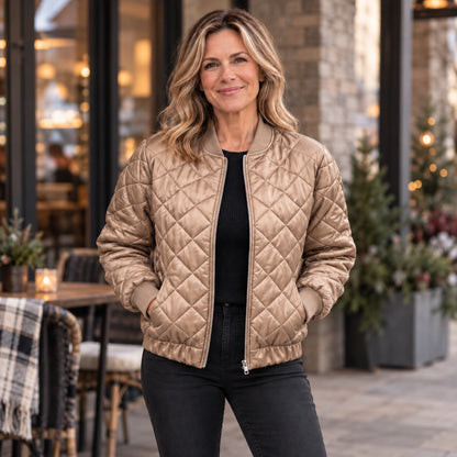 Women's Diamond Quilted Bomber Jacket — Marisa — Champagne Beige — straight complete front view on an older model — view 4