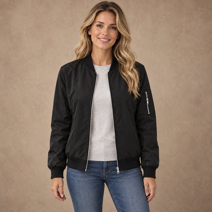 Women's Lightweight Zip Bomber Jacket — Everly — Black — complete front view, image