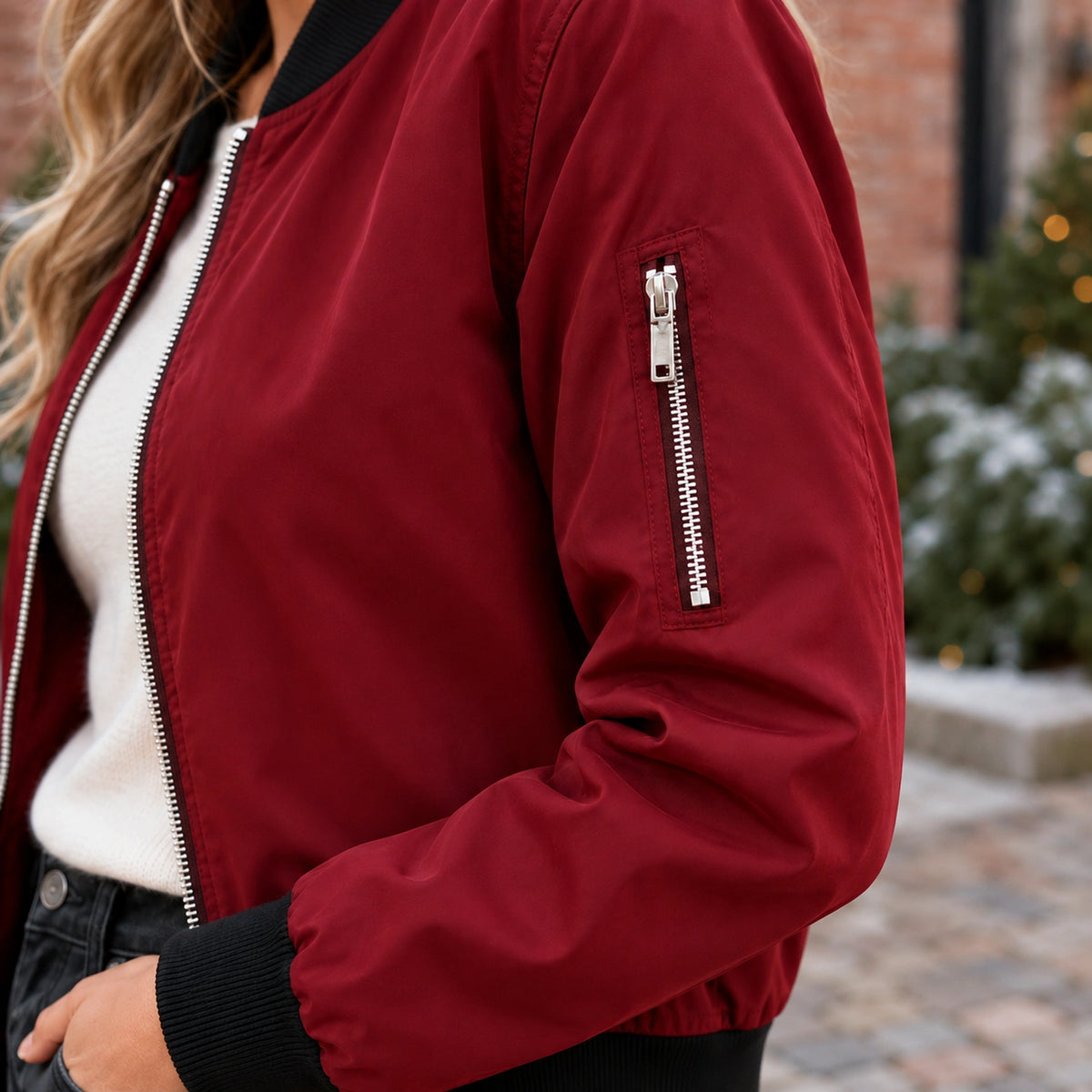 Women's Lightweight Zip Bomber Jacket — Everly — Burgundy — close up of the left sleeve utility — view 11