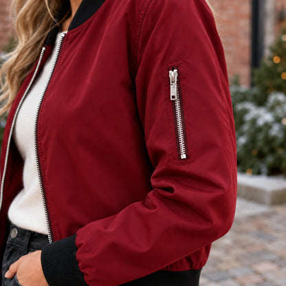 Women's Lightweight Zip Bomber Jacket — Everly — Burgundy — close up of the left sleeve utility — view 11
