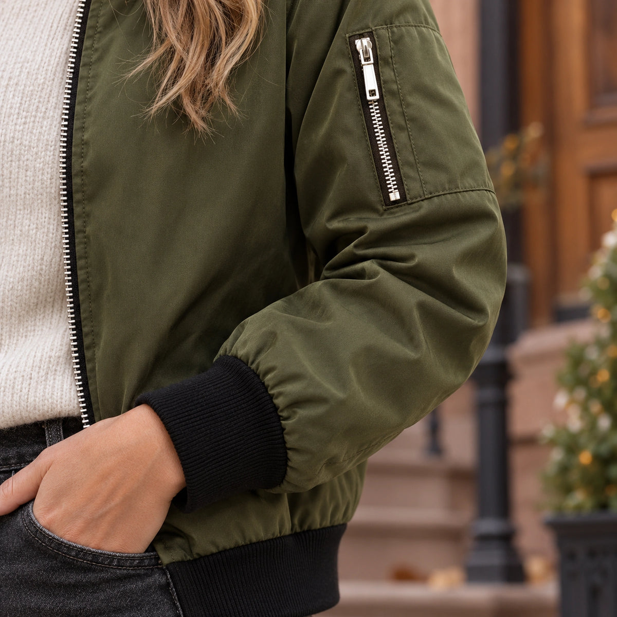 Women's Lightweight Zip Bomber Jacket — Everly — Olive Green — close up of the sleeve joining contrasting black rib — view 12