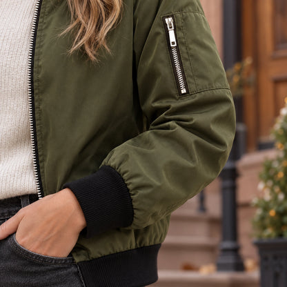 Women's Lightweight Zip Bomber Jacket — Everly — Olive Green — close up of the sleeve joining contrasting black rib — view 12