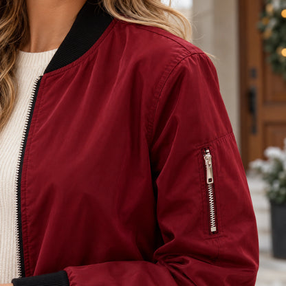 Women's Lightweight Zip Bomber Jacket — Everly — Burgundy — close up of the shell texture and shoulder seam — view 14