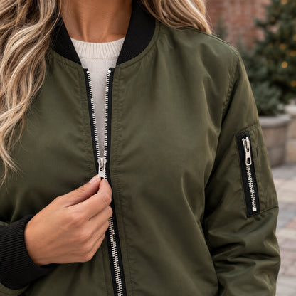 Women's Lightweight Zip Bomber Jacket — Everly — Olive Green — close up of the front zipper and adjacent stitching — view 15
