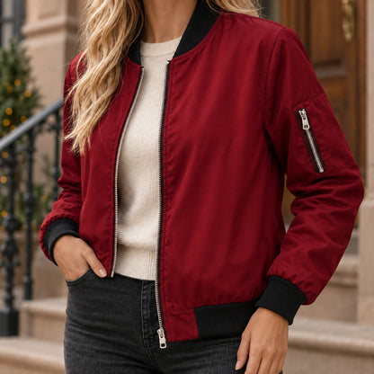 Women's Lightweight Zip Bomber Jacket — Everly — Burgundy — close up of the shell and contrasting black lower hem — view 16