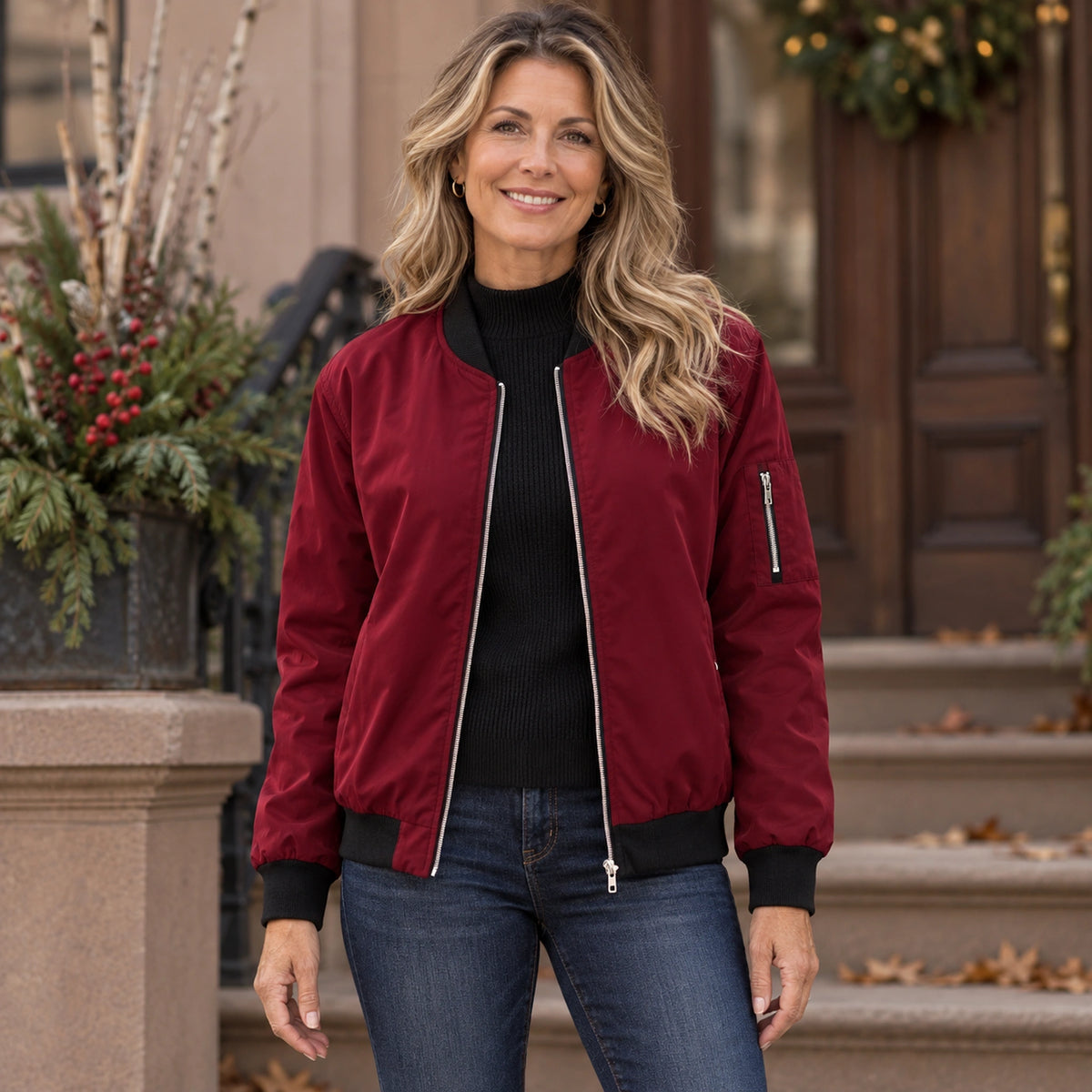 Women's Lightweight Zip Bomber Jacket — Everly — Burgundy — complete front view, product focused image — view 2