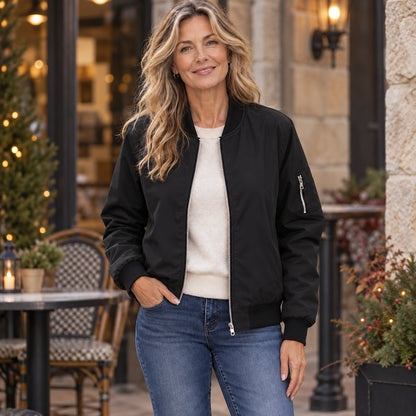 Women's Lightweight Zip Bomber Jacket — Everly — Black — straight complete front view on an older model, relaxed — view 4