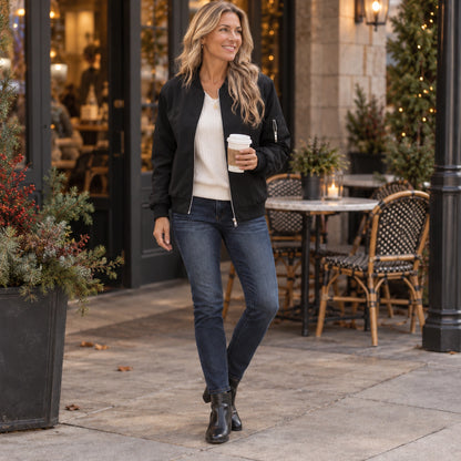 Women's Lightweight Zip Bomber Jacket — Everly — Black — full outfit while standing naturally by a sheltered elegant — view 8