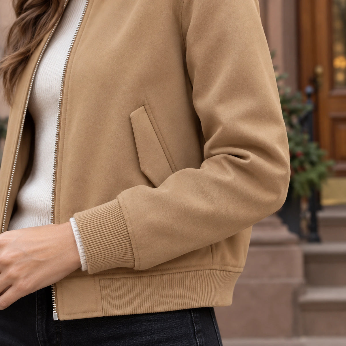 Women's Lightweight Zip Bomber Jacket — Léonie — Camel — close up of the rib sleeve cuff and adjacent fabric — view 10