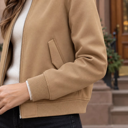 Women's Lightweight Zip Bomber Jacket — Léonie — Camel — close up of the rib sleeve cuff and adjacent fabric — view 10