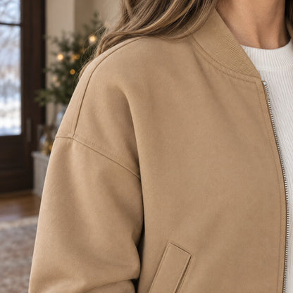 Women's Lightweight Zip Bomber Jacket — Léonie — Camel — close up of the dropped shoulder seam and matte texture — view 12