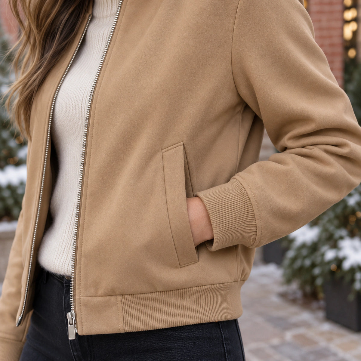 Women's Lightweight Zip Bomber Jacket — Léonie — Camel — close up of the angled side pocket opening — view 9