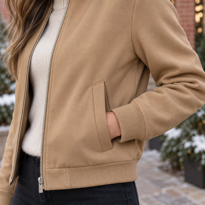 Women's Lightweight Zip Bomber Jacket — Léonie — Camel — close up of the angled side pocket opening — view 9
