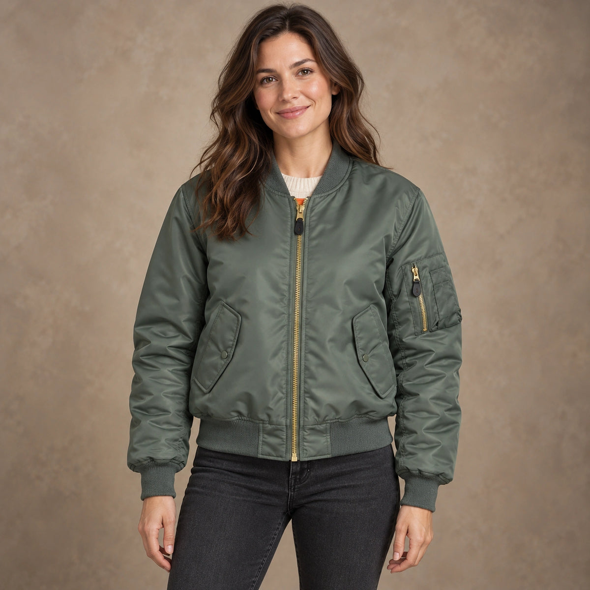 Women's Padded Utility Bomber Jacket — Nicole — Sage Green — complete front view, image
