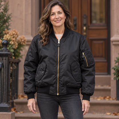 Women's Padded Utility Bomber Jacket — Nicole — Black — complete front view, product focused image — view 10