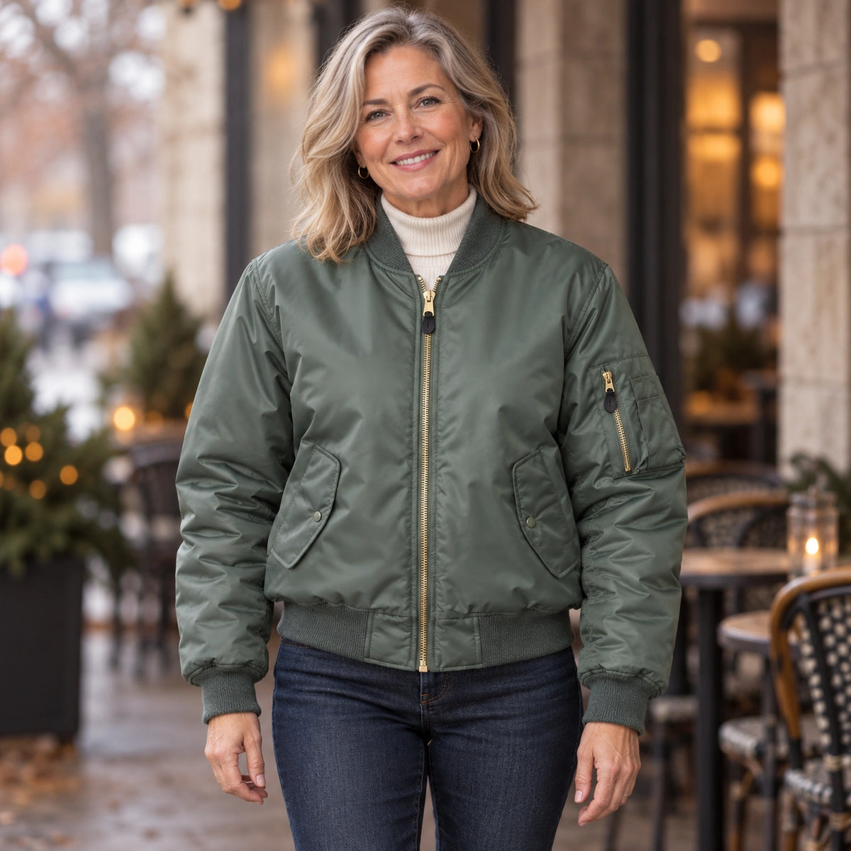 Women's Padded Utility Bomber Jacket — Nicole — Sage Green — straight complete front view on an older model — view 11
