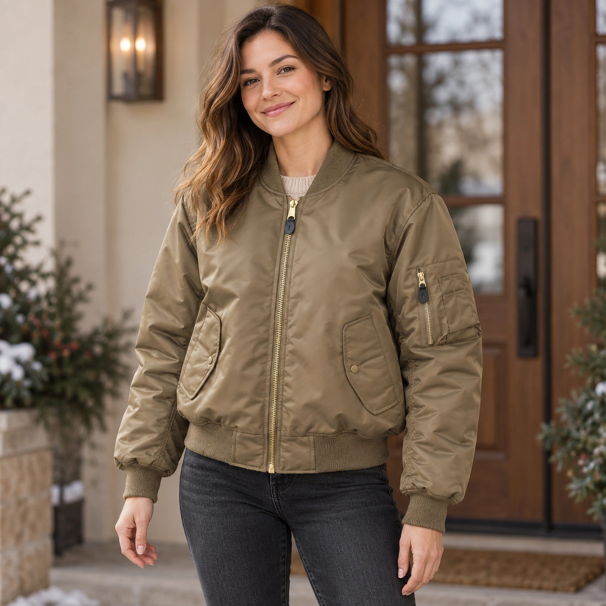 Women's Padded Utility Bomber Jacket — Nicole — Khaki — complete garment from a shallow 20 degree front left angle — view 12