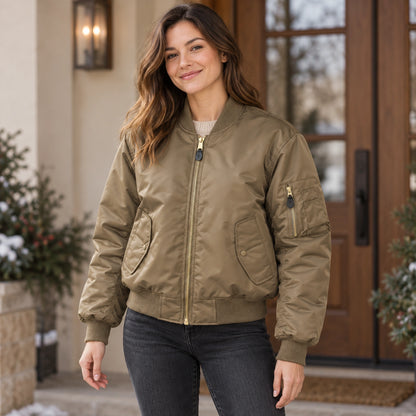 Women's Padded Utility Bomber Jacket — Nicole — Khaki — complete garment from a shallow 20 degree front left angle — view 12