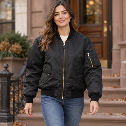 Women's Padded Utility Bomber Jacket — Nicole — Black — complete garment in a gentle walking pose toward camera — view 14