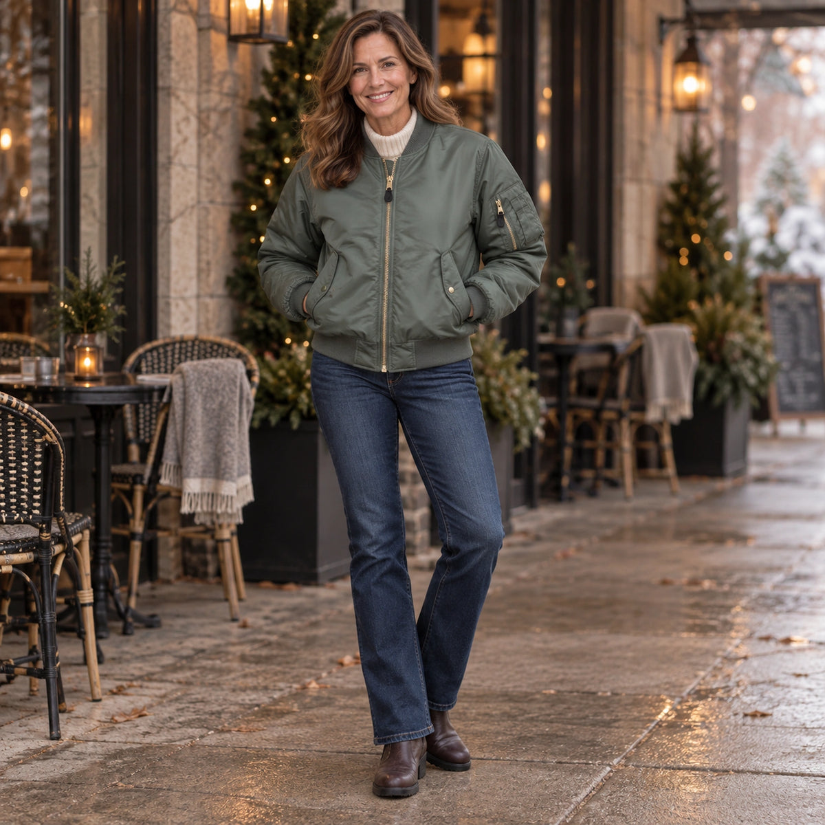 Women's Padded Utility Bomber Jacket — Nicole — Sage Green — full outfit while standing naturally by a sheltered — view 15