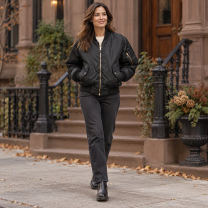Women's Padded Utility Bomber Jacket — Nicole — Black — full outfit walking slowly along a tasteful US residential — view 16