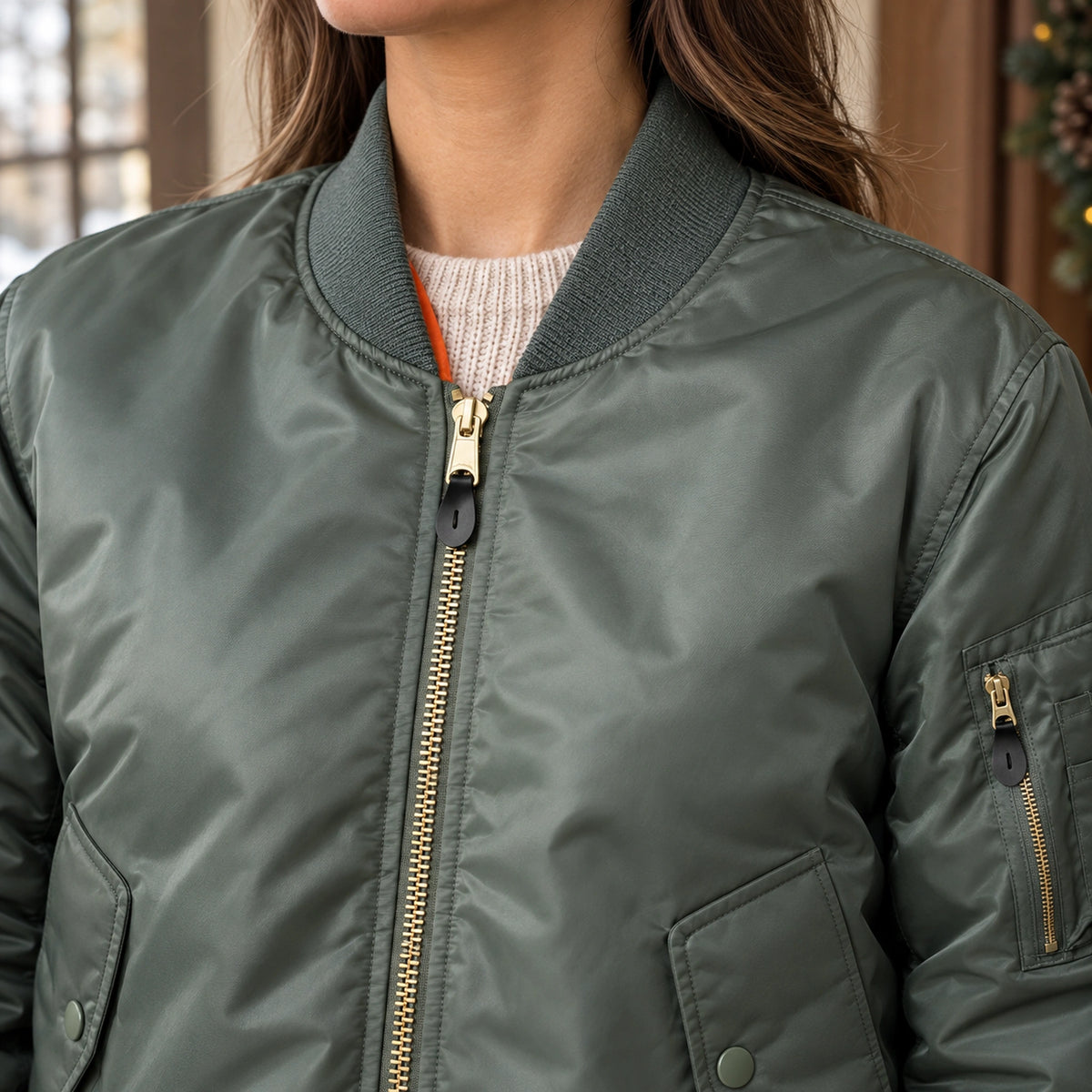 Women's Padded Utility Bomber Jacket — Nicole — Sage Green — close up of the rib collar and front zipper — view 17