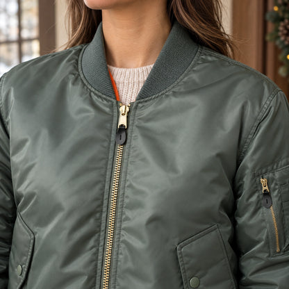 Women's Padded Utility Bomber Jacket — Nicole — Sage Green — close up of the rib collar and front zipper — view 17