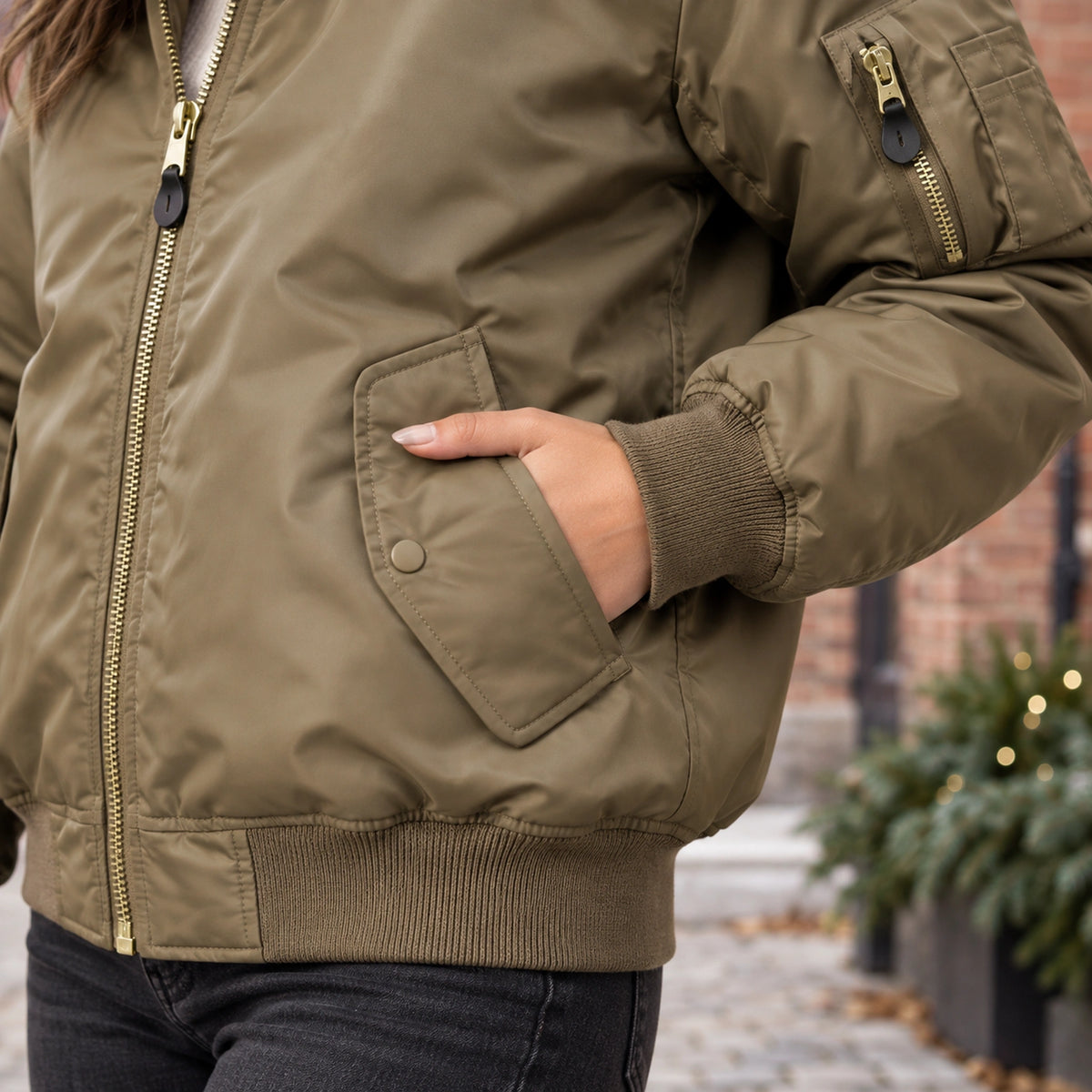Women's Padded Utility Bomber Jacket — Nicole — Khaki — close up of the snap flap side pocket — view 18
