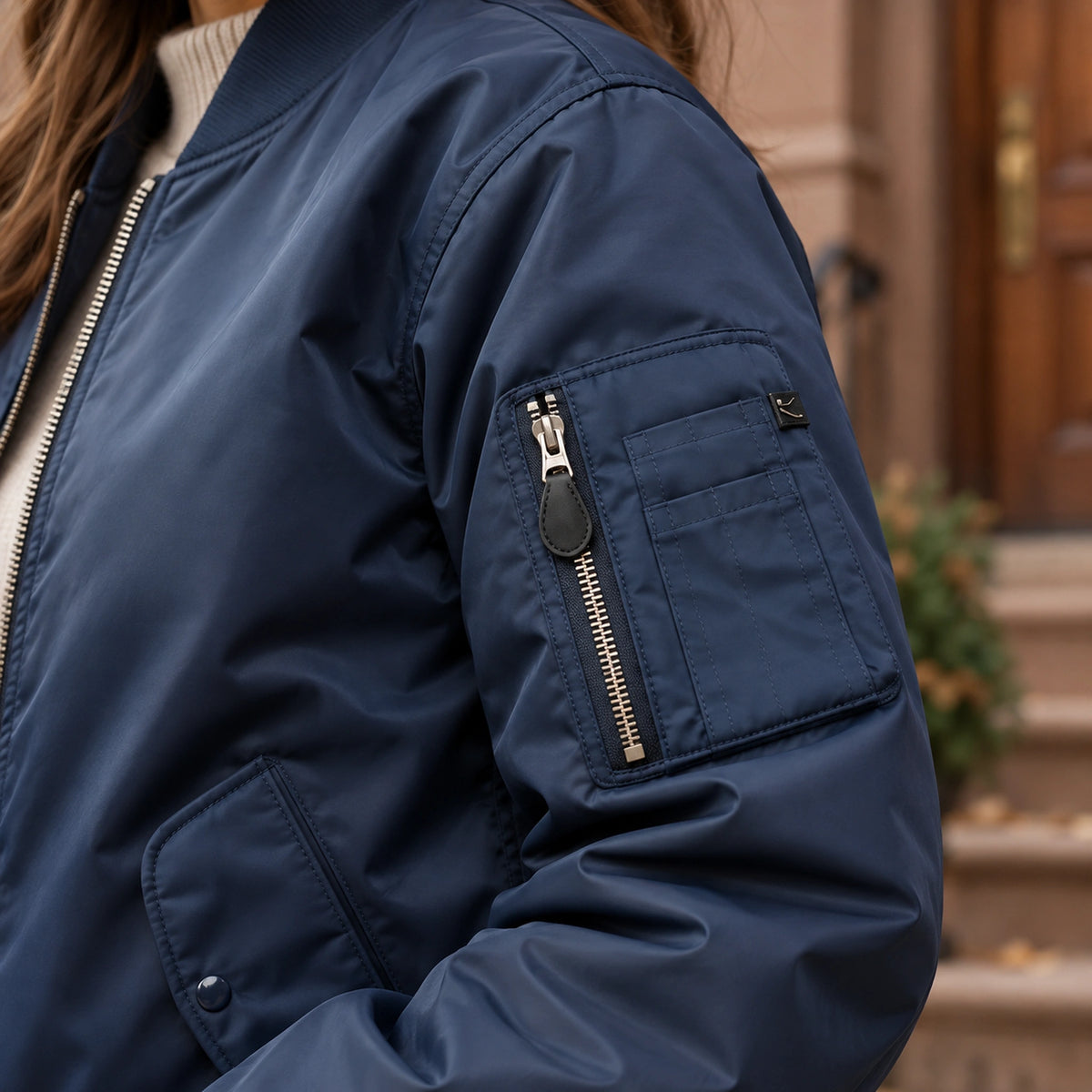Women's Padded Utility Bomber Jacket — Nicole — Navy Blue — close up of the sleeve pocket and zipper — view 19