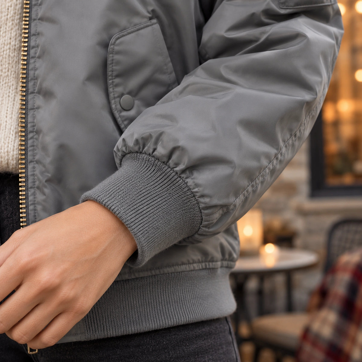 Women's Padded Utility Bomber Jacket — Nicole — Gray — close up of the rib cuff and gathered sleeve shell — view 20