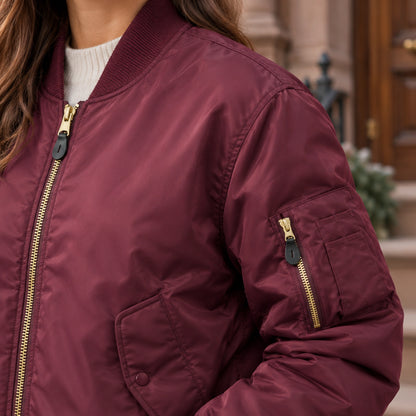 Women's Padded Utility Bomber Jacket — Nicole — Burgundy — close up of the shell sheen and shoulder stitching — view 23