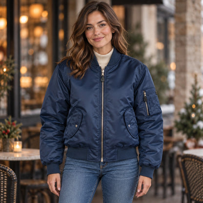 Women's Padded Utility Bomber Jacket — Nicole — Navy Blue — complete front view, product focused image — view 3