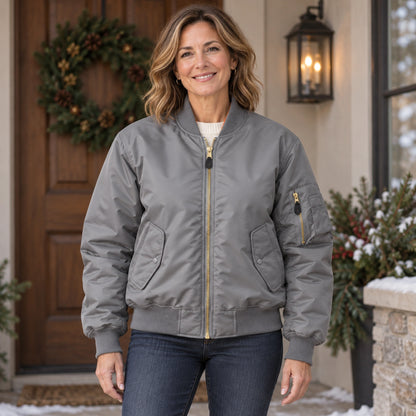 Women's Padded Utility Bomber Jacket — Nicole — Gray — complete front view, product focused image — view 4