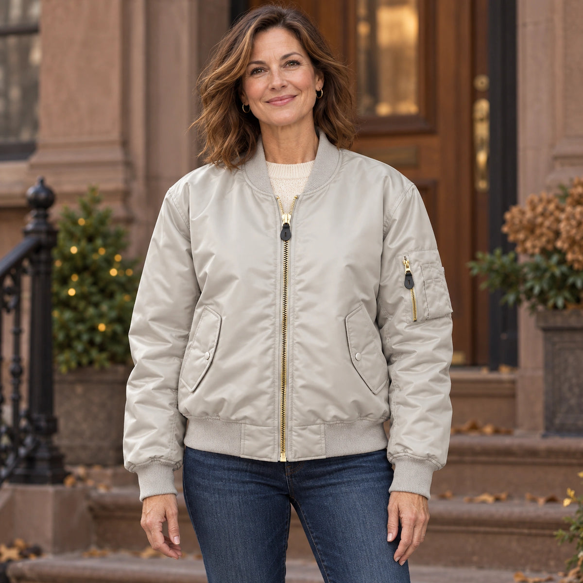 Women's Padded Utility Bomber Jacket — Nicole — Light Gray — complete front view, product focused image — view 6