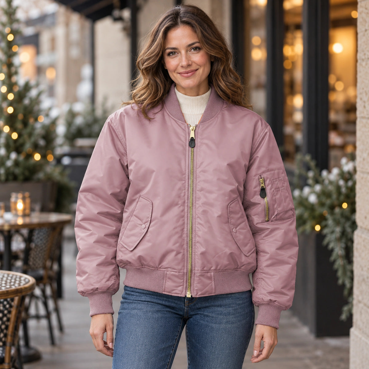 Women's Padded Utility Bomber Jacket — Nicole — Dusty Pink — complete front view, product focused image — view 7