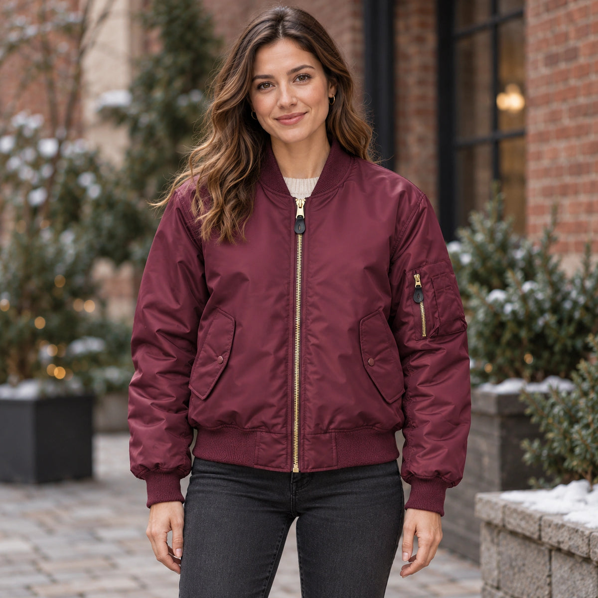 Women's Padded Utility Bomber Jacket — Nicole — Burgundy — complete front view, product focused image — view 9