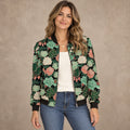 Women's Printed Zip Bomber Jacket — Zoë — Black Succulent Floral — complete front view, image