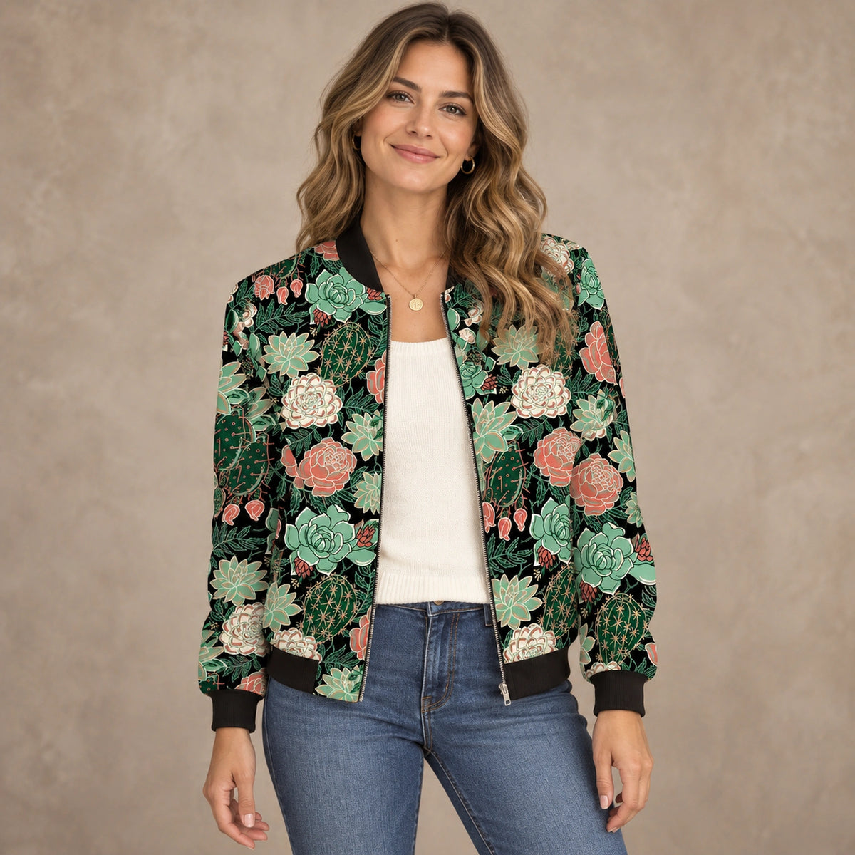Women's Printed Zip Bomber Jacket — Zoë — Black Succulent Floral — complete front view, image
