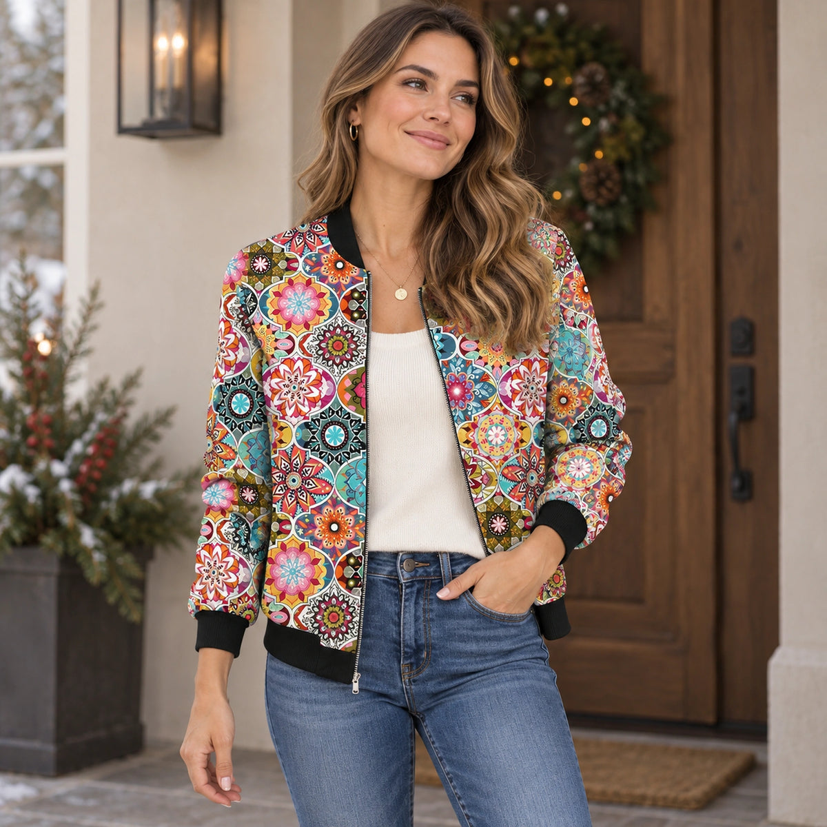 Women's Printed Zip Bomber Jacket — Zoë — Multicolor Medallion — complete garment from a shallow 20 degree front — view 10