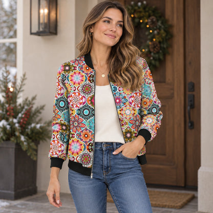 Women's Printed Zip Bomber Jacket — Zoë — Multicolor Medallion — complete garment from a shallow 20 degree front — view 10