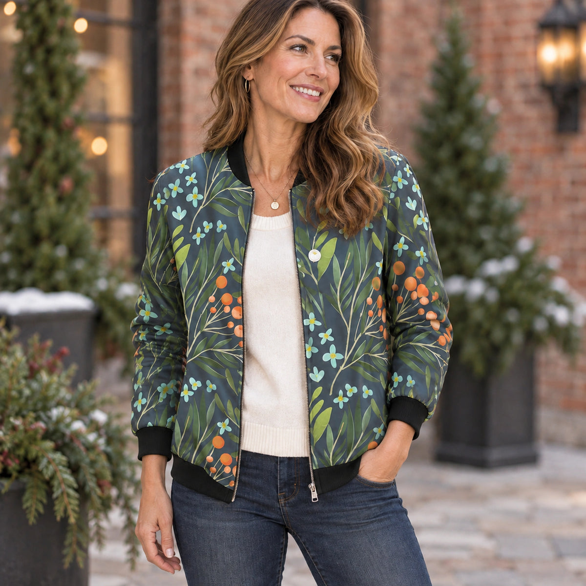 Women's Printed Zip Bomber Jacket — Zoë — Slate Botanical — complete garment from a shallow 20 degree front right — view 11