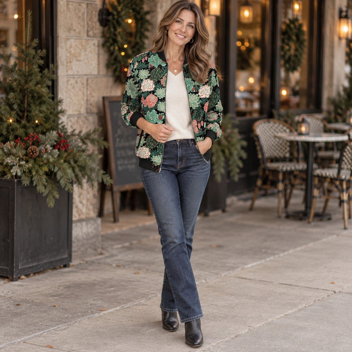 Women's Printed Zip Bomber Jacket — Zoë — Black Succulent Floral — full outfit while standing naturally by a — view 13