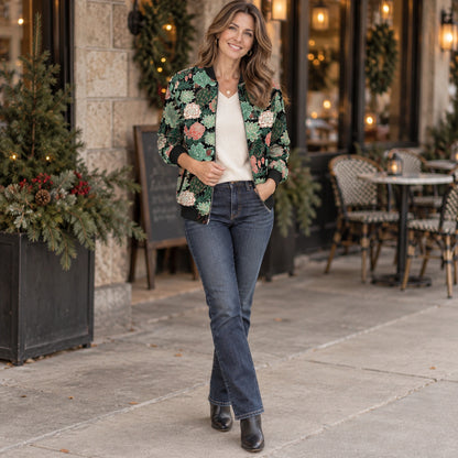 Women's Printed Zip Bomber Jacket — Zoë — Black Succulent Floral — full outfit while standing naturally by a — view 13
